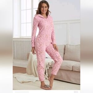 Leopard Pattern Zipper 3D Ear Patched Hooded Flannel Sleep Jumpsuit
